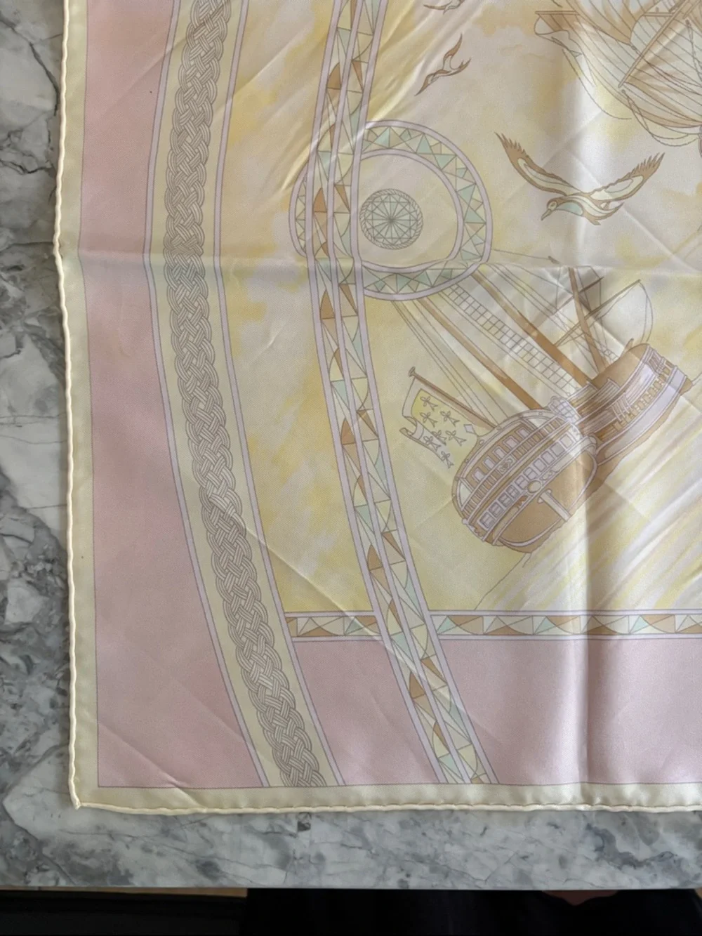 Vintage Hermès Frégates Magnifiques Silk Scarf, pastel pink, yellow and brown.